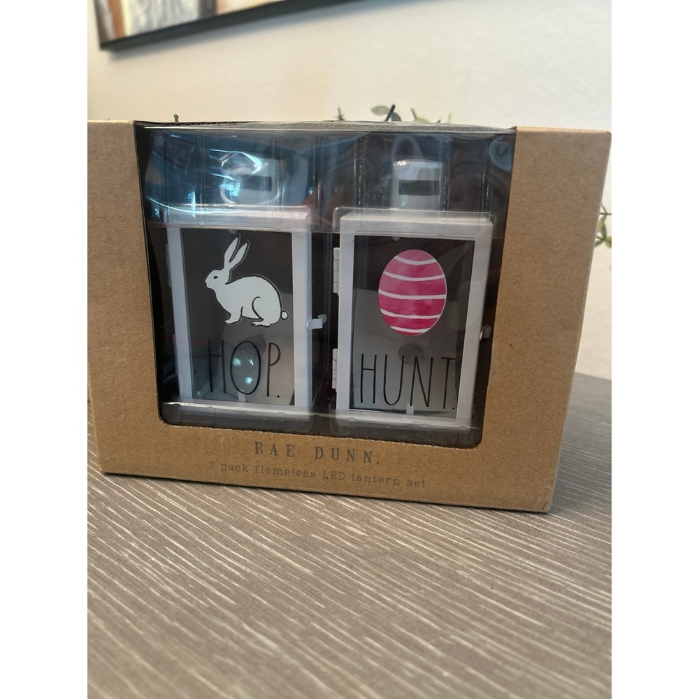 Rae Dunn "Hop" and "Hunt" 2-pack stoneware LED lantern set NWT